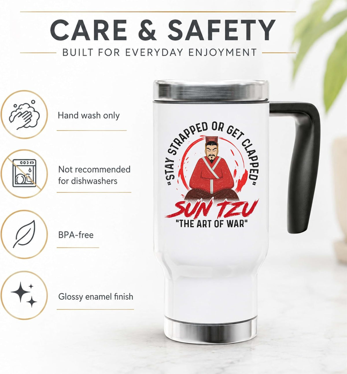 Sun Tzu Art of War Satirical Travel Mug - 14oz Stainless Steel Insulated Coffee Cup for Office Humor and History Buffs - Double Wall Vacuum Tumbler with Handle and Lid
