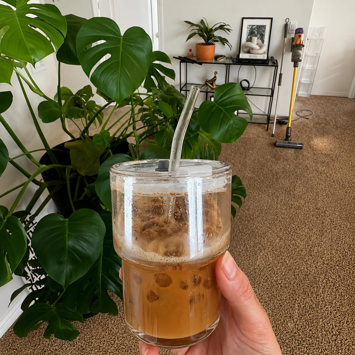 13oz Iced Coffee Cup, Glass Tumbler with Straw and Lid, Leakproof