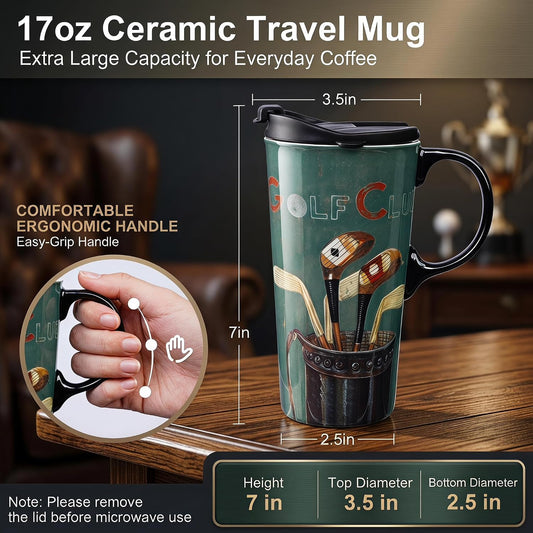 17oz Ceramic Coffee Mug with Lid and Gift Box, Vintage Golf Club