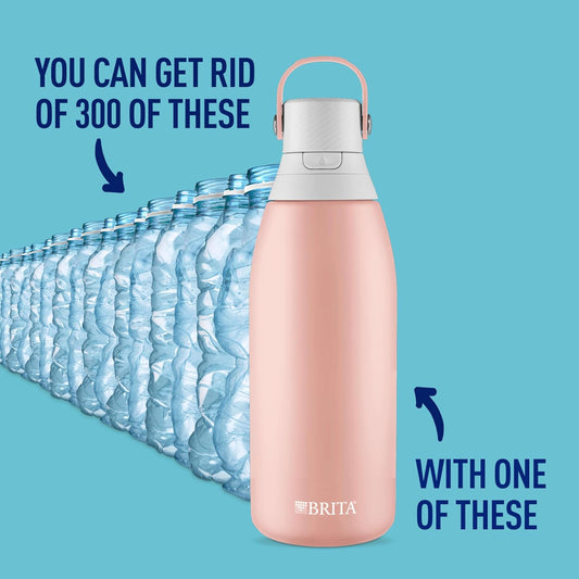 Stainless Steel Premium Filtering Water Bottle, BPA-Free, Reusable, Insulated, Replaces 300 Plastic Water Bottles, Filter Lasts 2 Months or 40 Gallons, Includes 1 Filter, Rose - 32 oz