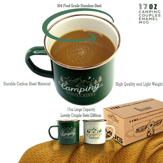 Camping Gifts Camping Mugs Set of 2 Travel Holiday Enamel Coffee Cup 17OZ Big Capacity 304SS Golden Rim for Drinking Outdoor Couples Anniversary Wedding Christmas Valentines Day His and Hers