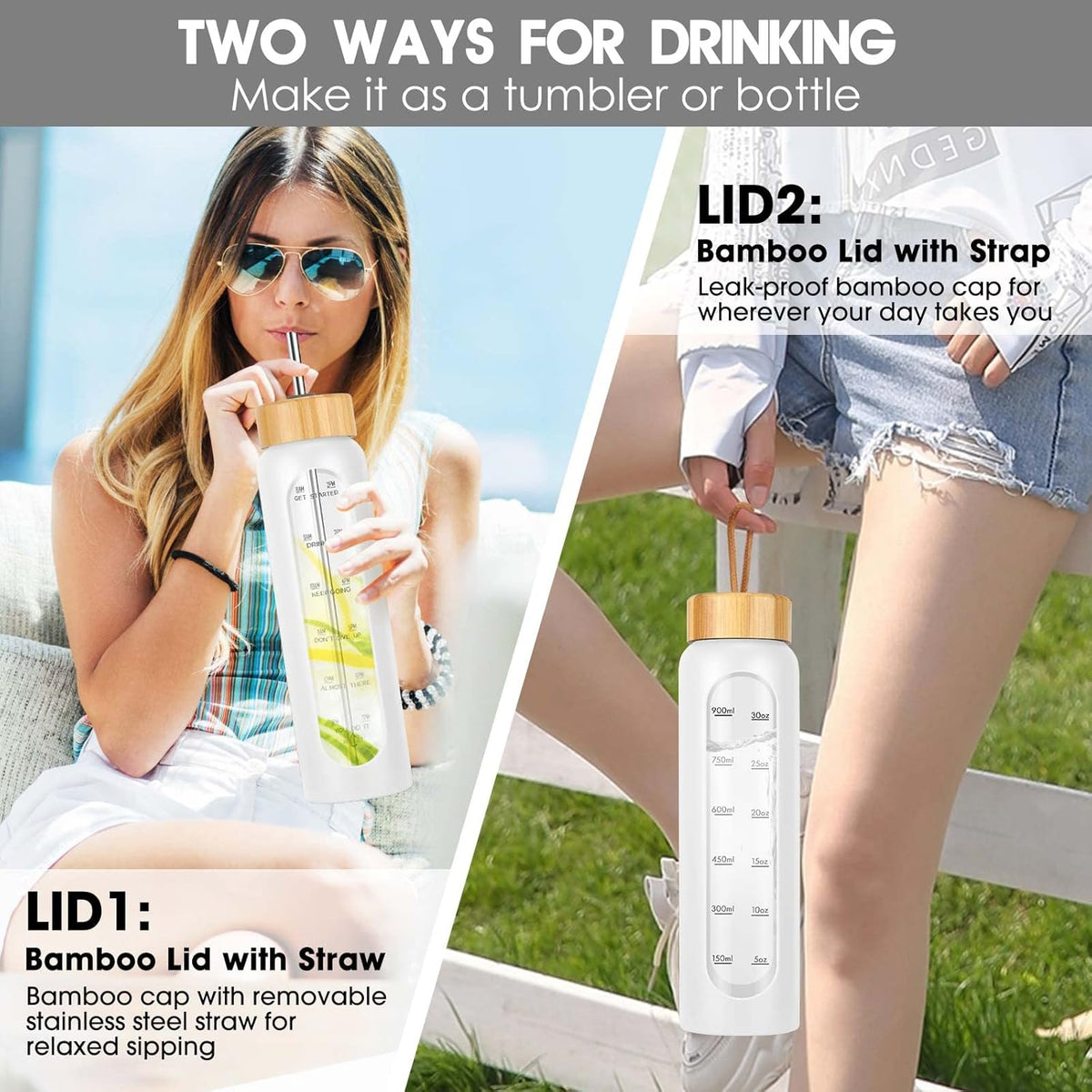 32 oz Glass Water Bottle with Straw - Motivational Time Marker & Silicone Sleeve - Reusable Tumbler Includes 2 Bamboo Lids & Fruit Infuser - 1 Pack