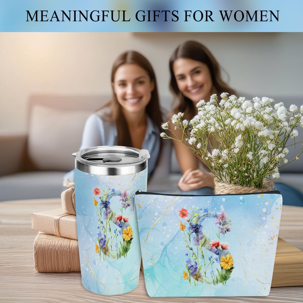Personalized Gifts Monogrammed Birthday Gifts for Women, Cowerker Wife Sister Wedding Christmas Initial 20 oz Tumbler, Makeup Bag Cup Ballpoint Pens Journal Notebook 6 Set, (Aesthetic Green Flower C)