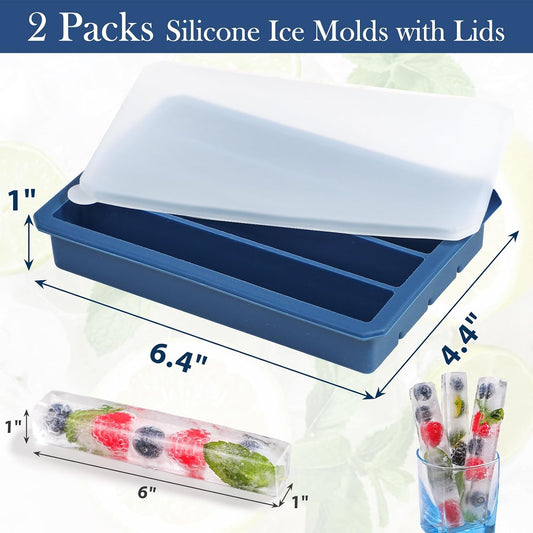Water Bottle Ice Cube Tray with Silicone Lids, 2 Pcs Long Ice Stick Molds - Stackable & Space-Saving, Perfect for Highball Drinks, Cocktail Parties & Sports Bottles