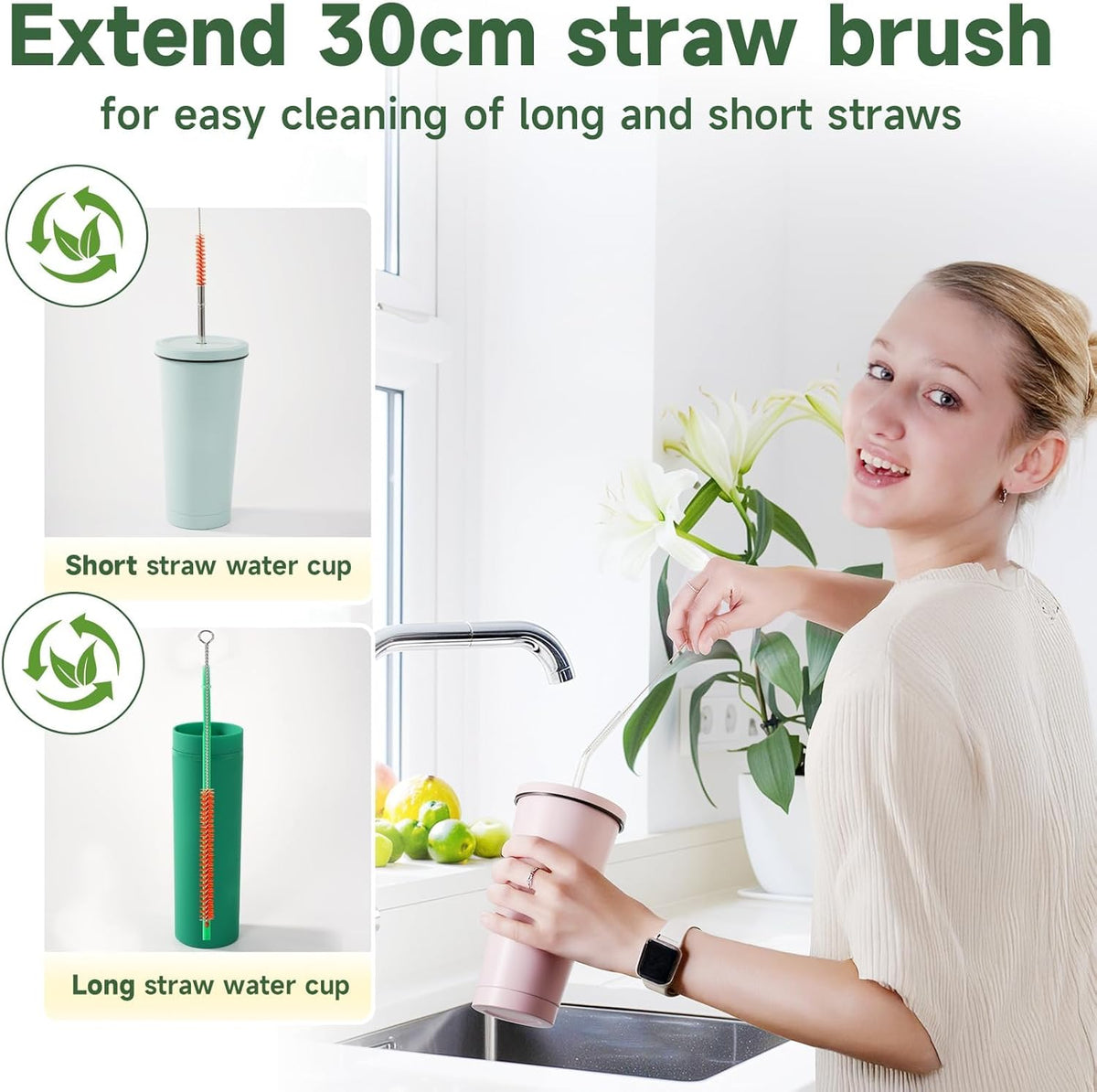 9PCS Reusable Long Colored Straw Cleaner Brush Set 12" Bendable