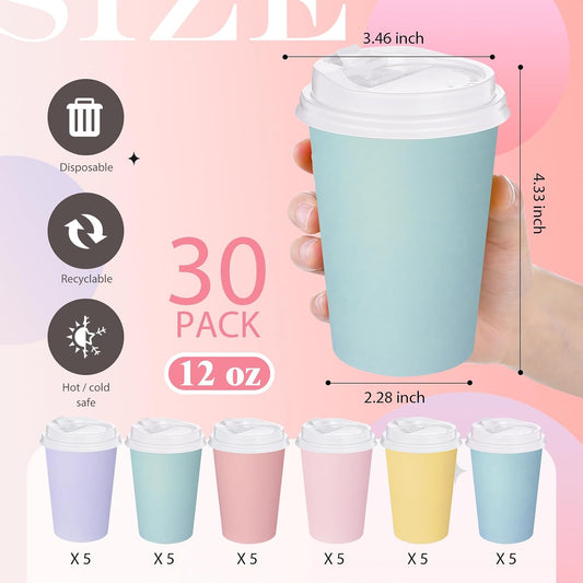 Pastel Disposable Coffee Cups with Lids 12 oz Pastel Rainbow Color Paper Drinking Mug for Summer Beverage Chocolate Tea Holiday Table Decorations Party Supplies