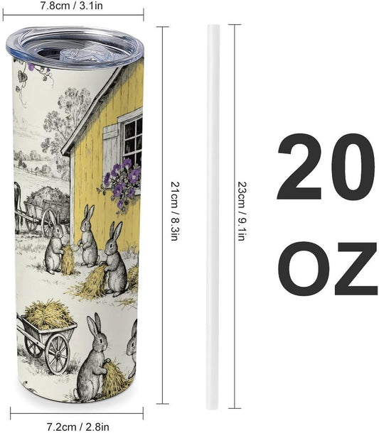 20oz Stainless Steel Car Tumbler, Hop & Bloom Bunny Toile Coffee Cup for Hot/Cold Drinks Double-Wall Vacuum Insulated Travel Mug with Leak-Proof Lid, Car Cup Fits Most Cup Holders, BPA-Free
