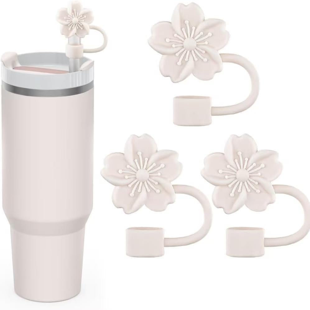 Cherry Blossom Silicone Straw Toppers for Stanley Cup, Beige Floral Tumbler Lid Accessories, 3 Pack Dust Cover Set, 10mm Compatible