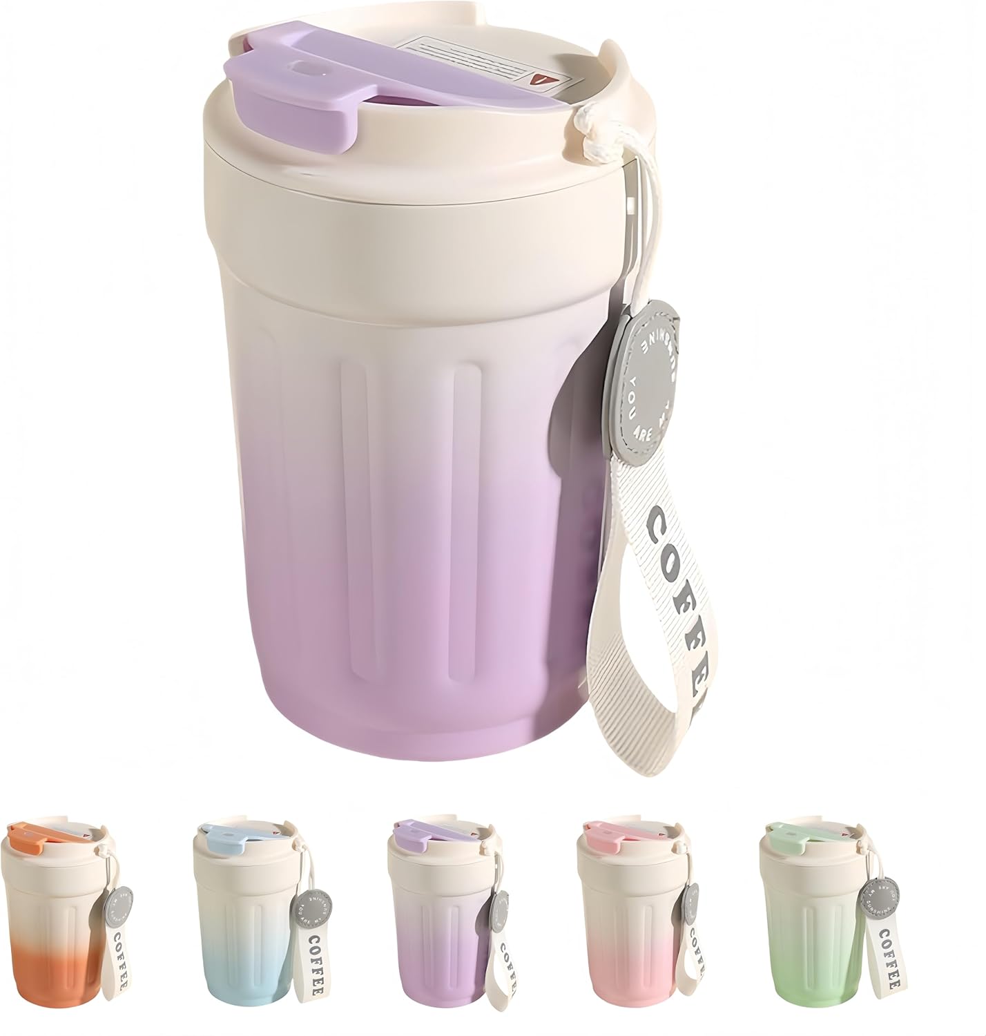 14oz Portable Vacuum Insulated Coffee Mug, Ceramic Lined Travel Cup | Gradient finish;Leakproof lid;Grooved non-slip grip;Carry strap;Easy-clean parts;For coffee, milk, tea and juice