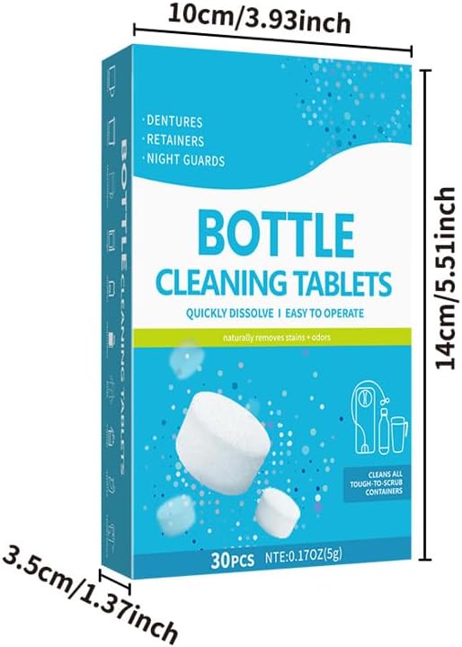 30 Pack Bottle Bright Cleaning Tablets,Water Bottle Cleaner,Removing Limescale and Tea Stains,For Water Bottle,Coffee Pot,Glass,Tumbler,Stainless,Also Can Clean Dentures,It's Multipurpose Cleaner