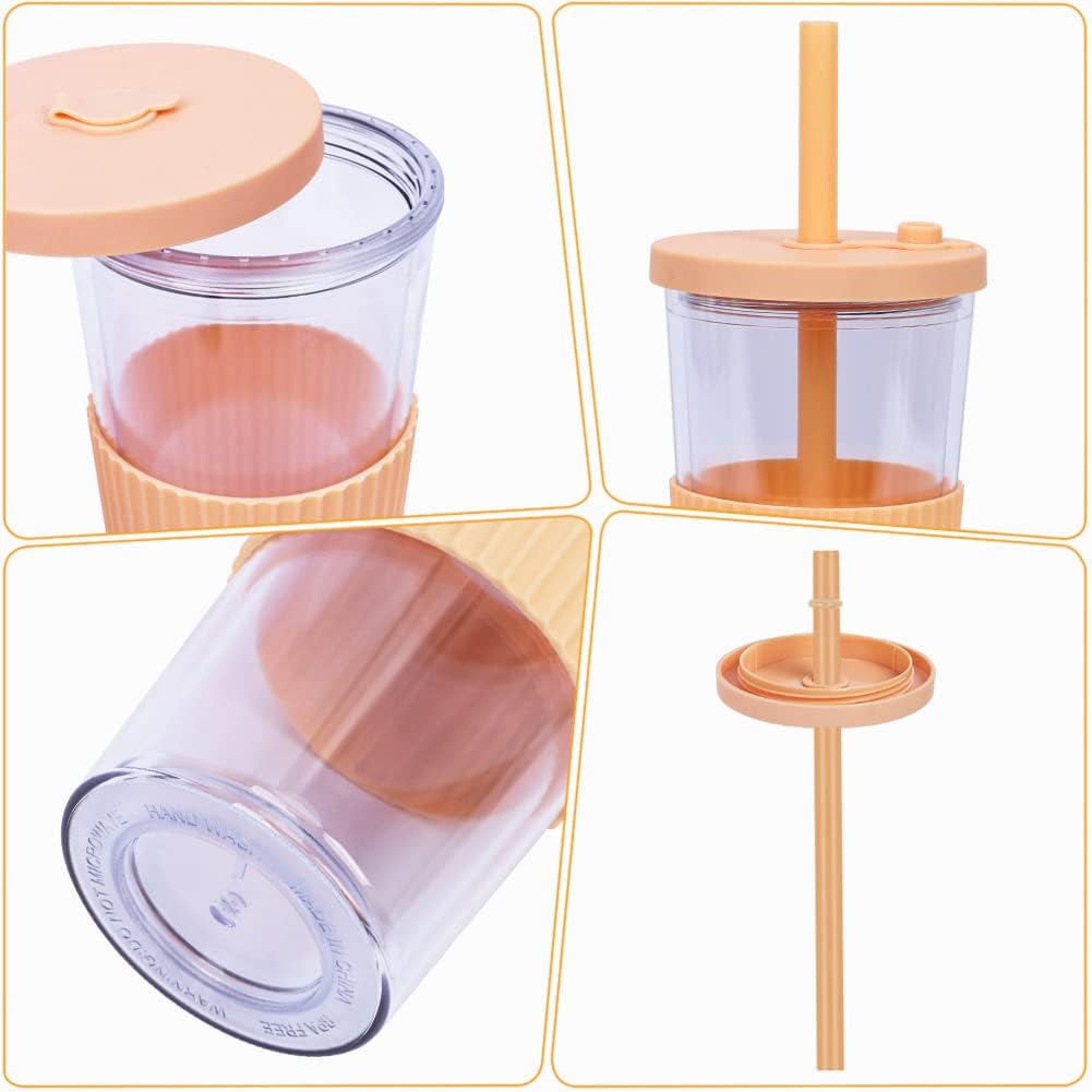 2 Pack Reusable Boba Tea Cups, 24oz Iced Coffee Cup with Straw and Lid, Leakproof Clear Plastic Cups Tumbler, Double Wall Insulated Smoothie Tumbler, Wide Straw for Bubble Tea, Black and White