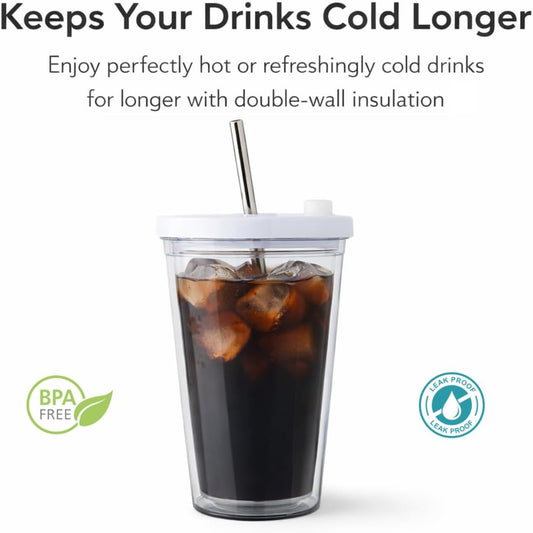 Reusable Iced Coffee Cup 16 Oz, Leakproof Iced Coffee Tumbler, Clear Plastic Tumbler with Lid and Straw, Double Wall Insulated, BPA-Free, No Sweat, for Hot and Cold Drinks