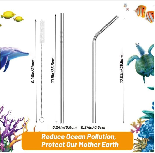 VEHHE Metal Straws Stainless Steel Straws Drinking Straws Reusable - 10.5" Ultra Long 4 + 1 - W/Cleaning Brush for 20/30 Oz for Yeti RTIC SIC Ozark Trail Tumblers (2 Straight|2 Bent|1 Brush)