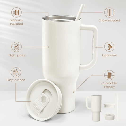 Floral Tumbler with Handle 40oz, Stainless Steel Insulated Tumblers Coffee Travel Mug Cup with Straw, Flower Coffee Cup Gifts for Women Girls, Gift for Her on Christmas Birthday Mothers Day