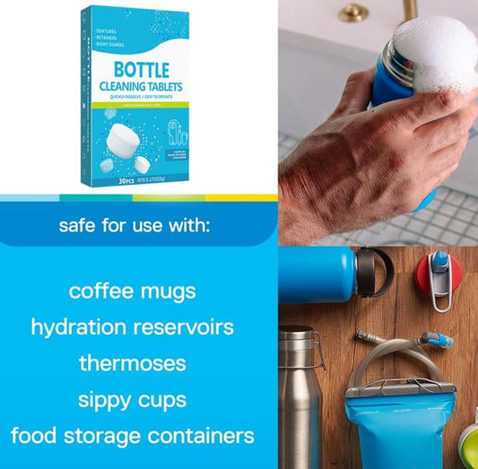 30 Pack Bottle Bright Cleaning Tablets,Water Bottle Cleaner,Removing Limescale and Tea Stains,For Water Bottle,Coffee Pot,Glass,Tumbler,Stainless,Also Can Clean Dentures,It's Multipurpose Cleaner