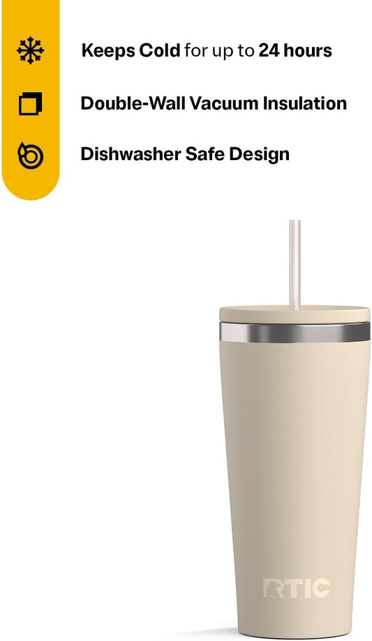 RTIC 20oz Everyday Tumbler Insulated Stainless Steel Portable Travel Coffee Cup with Straw, Ceramic Lining, Spill-Resistant Lid, BPA-Free, Hot and Cold Drink, Beach