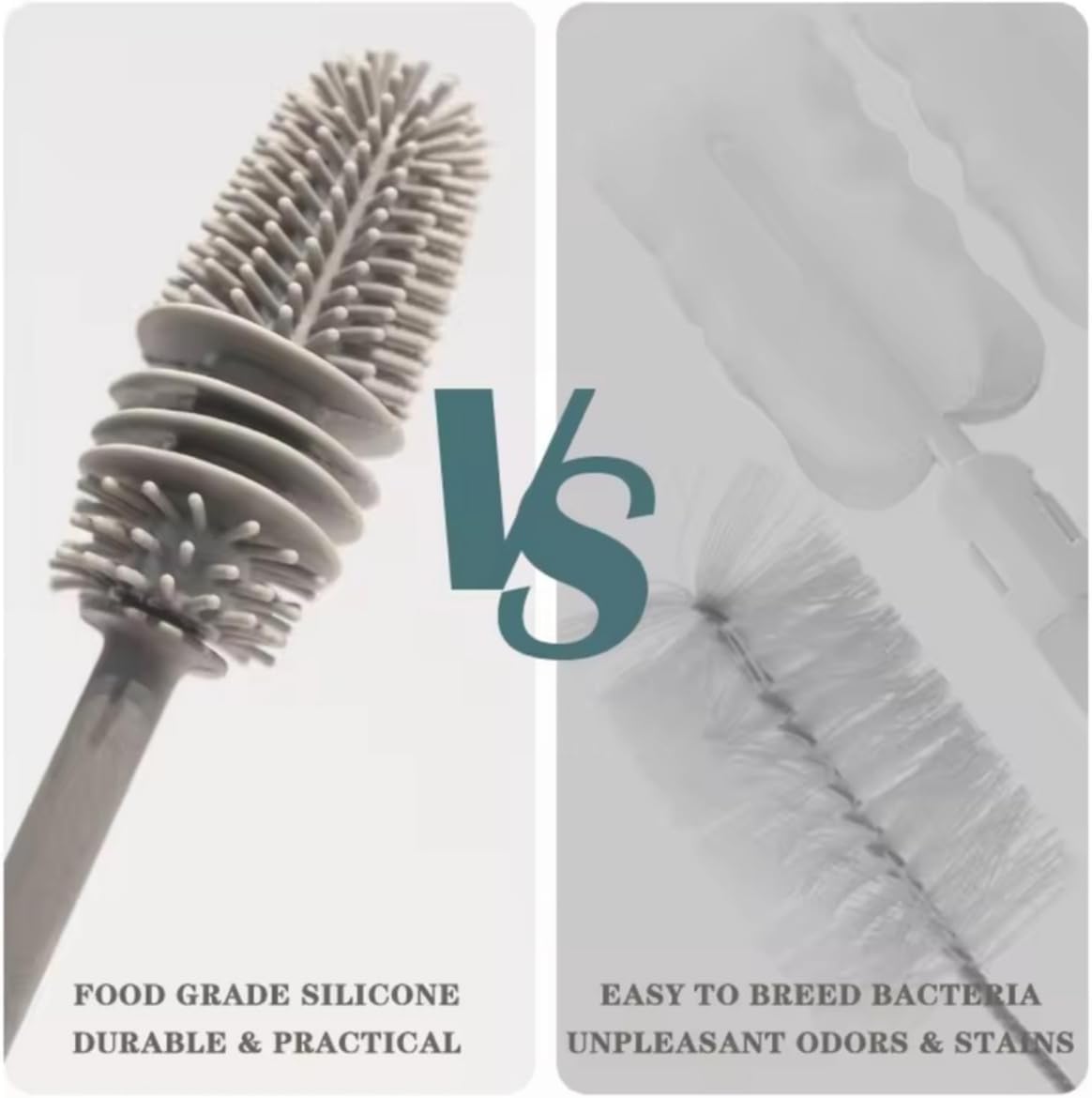 Silicone Bottle Brush & Silicone Straw Cleaner Set – 12.5” Long Handle, Flexible, Odor-Resistant, Dishwasher Safe – for Water Bottles, Baby Bottles, Tumblers & Straws (Grey)