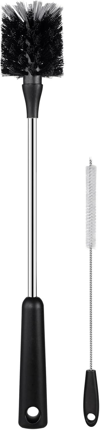 Water Bottle Brush, 15 Inches Long Stainless Steel Handle Bottle Brush Cleaner, Bottle Scrubber, Kitchen Scrub Cleaning Brushes for Cup, Wine Glasses, Coffee Mugs, Tumblers, Wine Decanters, Black