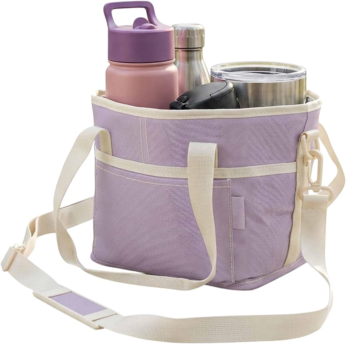 Family Size 4 Compartment Drink Carrier Bag Insulated Multiple Tumbler Holder Caddy with Adjustable Strap and Handle for Travel Sports Family Outings (Light Pink)
