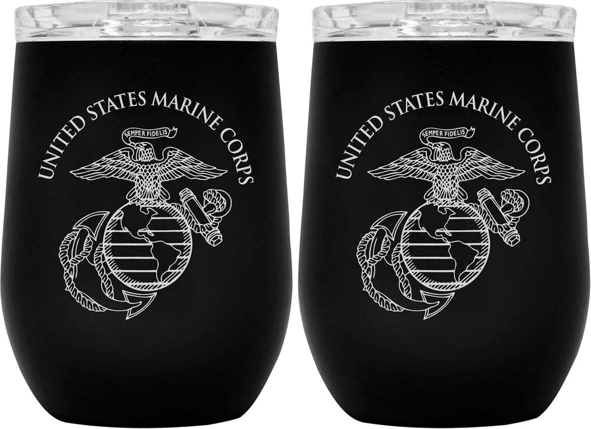 Army Steel Stemless Outdoor Wine Glass Tumbler, 12 oz Double Wall Vacuum Insulated Whiskey Tumbler–Matte Black with US Army logo and Lid