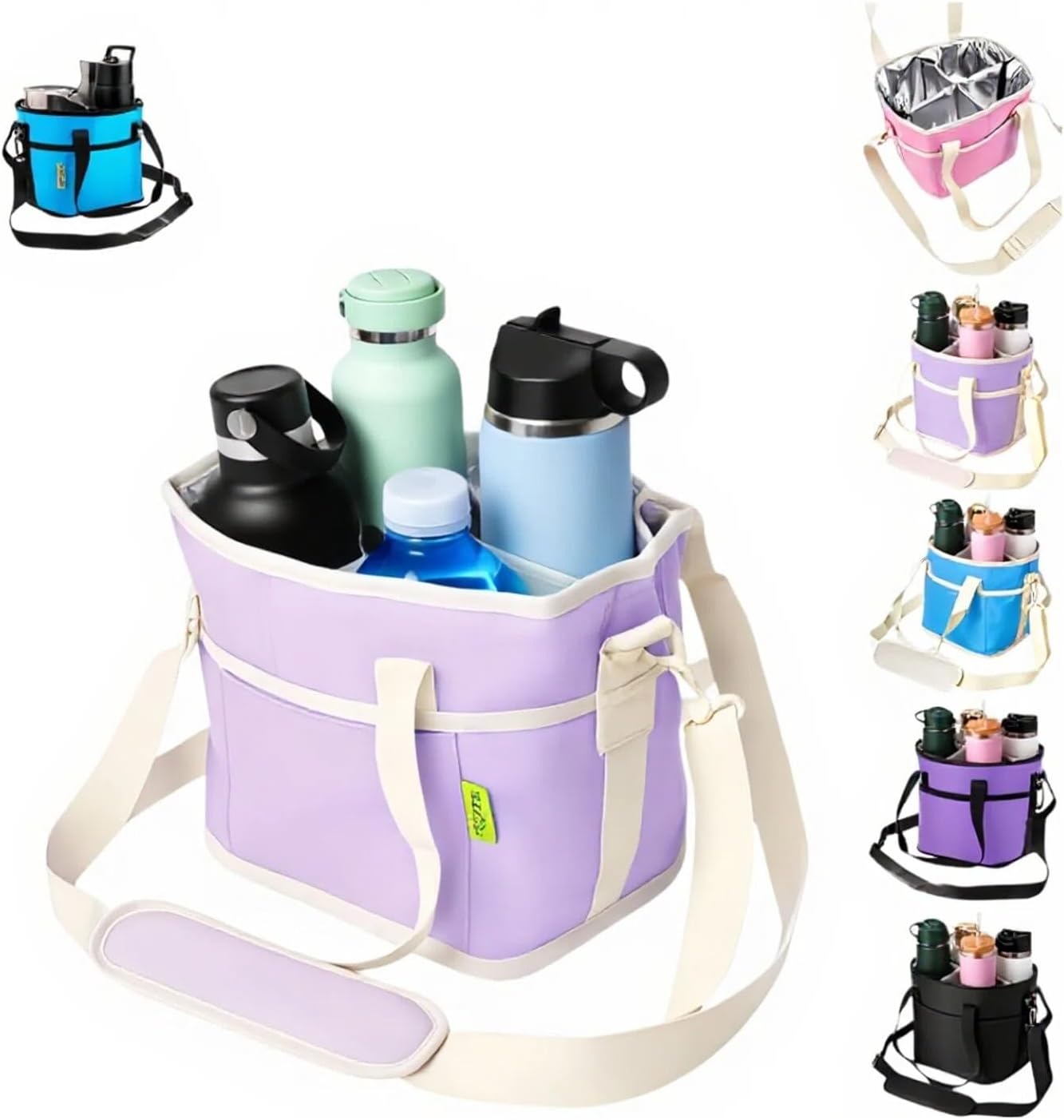 4-Compartment Black Insulated Drink Carrier Bag with Strap | Holds 4 bottles or 40oz tumblers. Adjustable shoulder strap, no-spill design. Family-size caddy for travel, hiking, car.