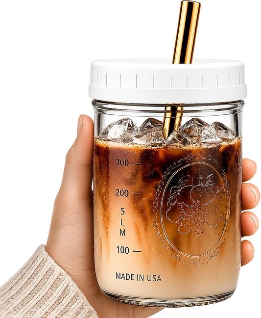 Boba Tea Cups 16 oz (2-Pack) with Wide Stainless Steel Straws – No Clogging, Mason Jar Glass Cups with Lids for Bubble Tea, Smoothies & Iced Coffee