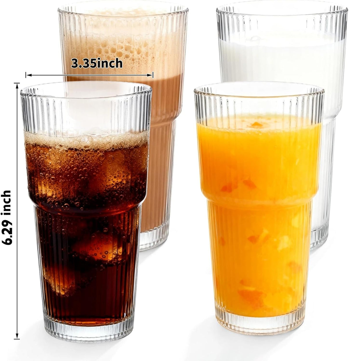 Ribbed Glass Cups 20oz - Drinking Glasses Set for Iced Cold Coffee,Juice, Wine, Dishwasher Safe, Large Glass Coffee Cup for Home/Office Use, 2pack