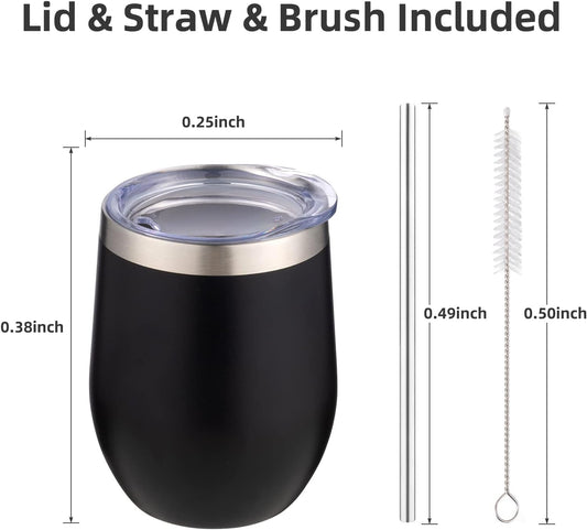 12 oz Insulated Wine Tumbler with Lid and Straw,Stainless Steel Stemless Wine Tumbler Glasses Double Wall Vacuum Wine Cups Tumbler for Coffee,Champaign,Cocktail,Office(Silver,1)
