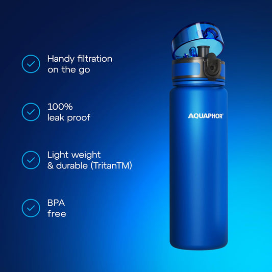 AQUAPHOR City Water Filter Bottle 17 oz | Reusable & Portable Filtered Water Bottle | BPA-Free | Perfect for Camping, Travel, Indoor & Outdoor Use | Navy
