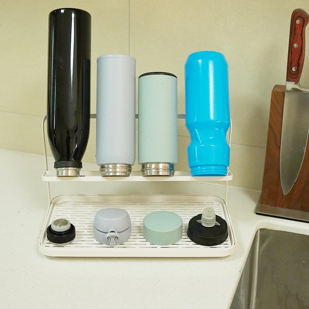 Countertop Kitchen Bottle Drying Rack with Drain Tray, 12.4 x 7.09 inch Counter Organizer, for Insulated Water, Baby Bottles and More - White