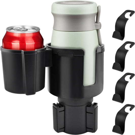 2-in-1 Car Cup Holder Expander, Adjustable Car Extender Adapter with Non-Slip Base - No Spill Cup Holder Extender with 4 Hooks for Yeti, Hydro Flask, Stanley Large Tumblers (10-48oz)