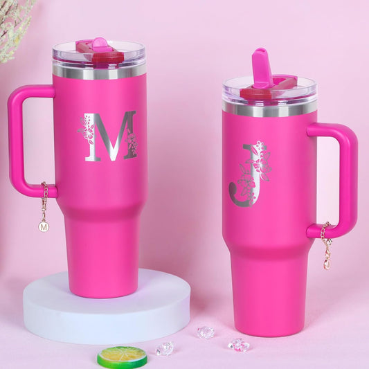 Personalized 40 oz Monogrammed Tumbler with Handle and Flip Straw Lid, 100% Leak Proof stainless steel Insulated Tumbler, Customized Initial Funny Gifts for Women Mom Sisters Coworker, A