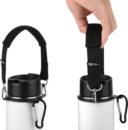 CM Water Bottle Handle Strap Carrier Handle Neoprene Holder Strap with Carabiner for Wide Mouth Bottles, Fits 12 oz to 64 oz Bottle, Black Color
