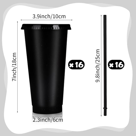 Hxezoc 16-Piece Reusable Cups with Lids and Straws, 24 oz Glitter Plastic Tumbler Iced Coffee Cups Travel Mug Cup for Smoothie Juices Beach or Bachelor Party (Black)