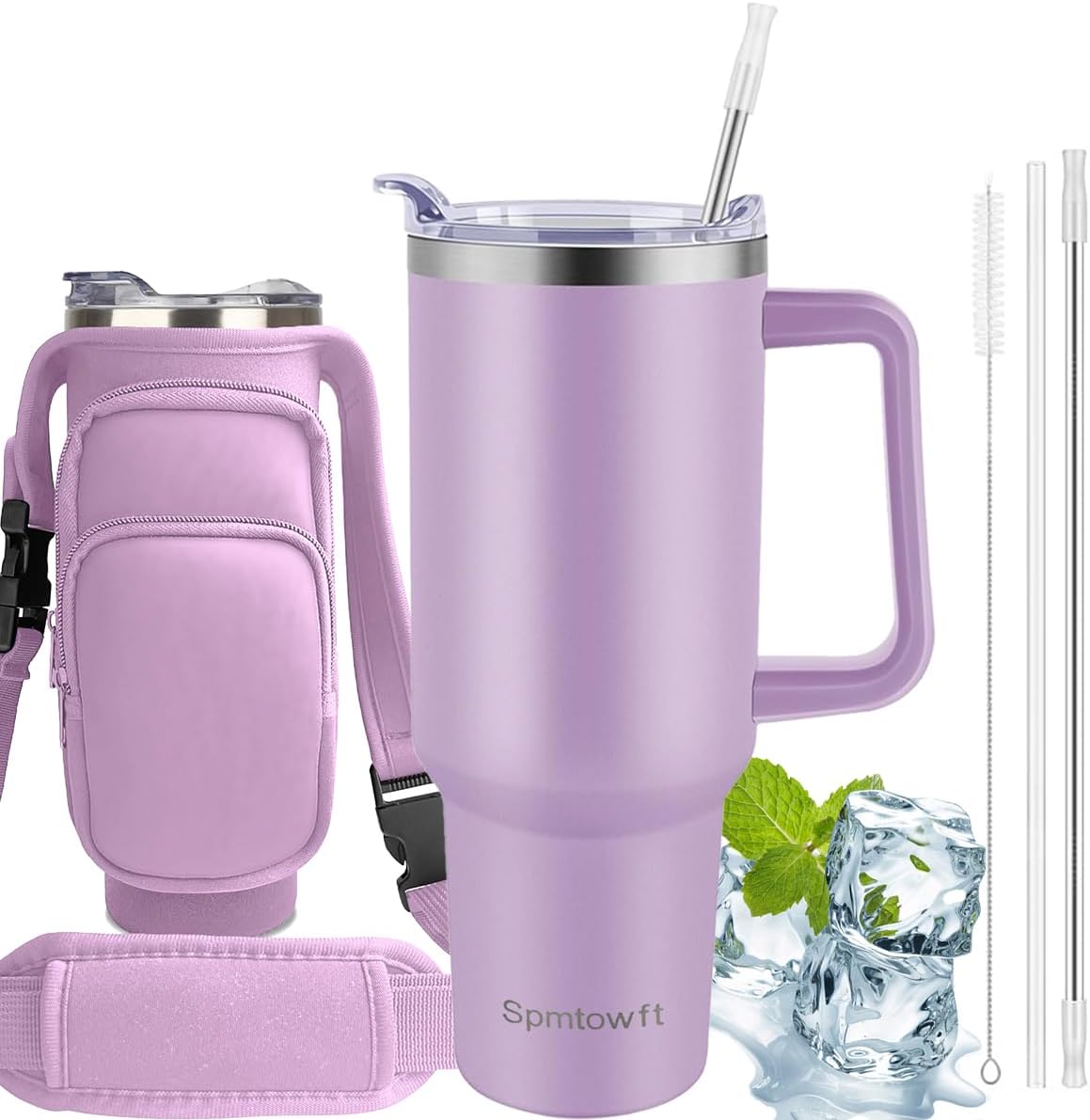 40oz Stainless Steel Double Vacuum Tumbler with Handle, Straw Lid, Carrier Bag, Purse Pouch Phone Pocket, Gym Water Bottle Travel Mug and Sleeve Holder for Men Women (Black)