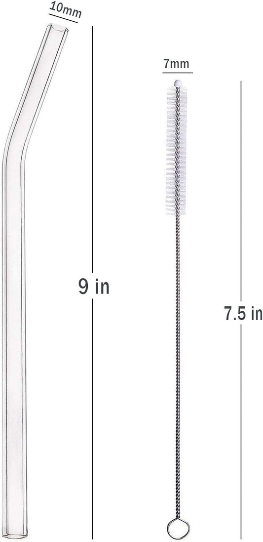 ALINK Glass Smoothie Straws, Reusable Clear Bent 9 in X 10 mm Drinking Straws, Set of 4 with Cleaning Brush