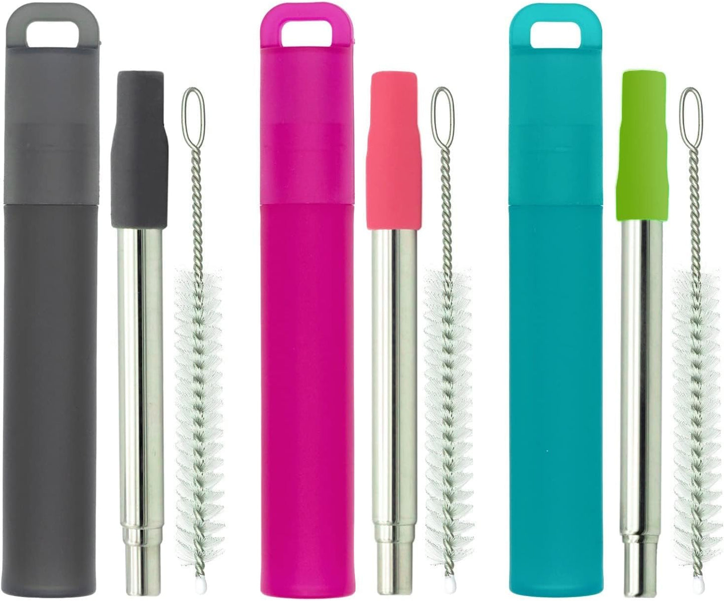 NAIVELY-Metal Reusable Straws 3 Pack Collapsible Portable Stainless Steel Drinking Straw Telescopic Travel Straw, with Case and Cleaning Brush Foldable Pocket Straws