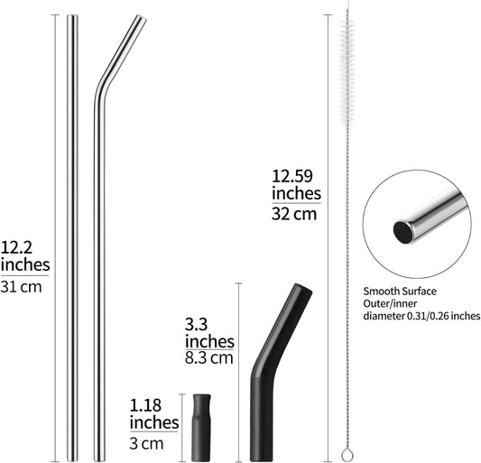6 Packs Reusable Stainless Steel Straws with Silicone Tips and Travel Case, Long Metal Drinking Replacement Straws for Stanley Cup 40 oz Tumbler, 2 Cleaning Brushes Included, 3 Bent