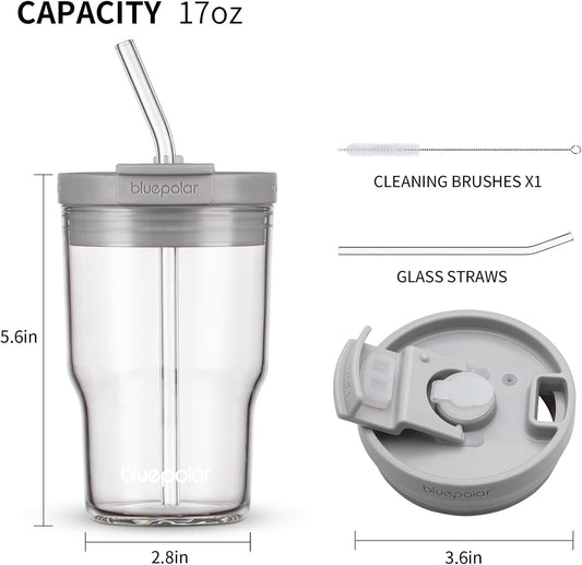 BLUEPOLAR 16oz/480ml Iced Coffee Cups With Lids And Straws,Reusable Leakproof Glass Tumbler,Water Bottles,Cold Brew,Drinking Jars For Juicing,Matcha,Tea,Smoothie For Travel,Office (Off-White)