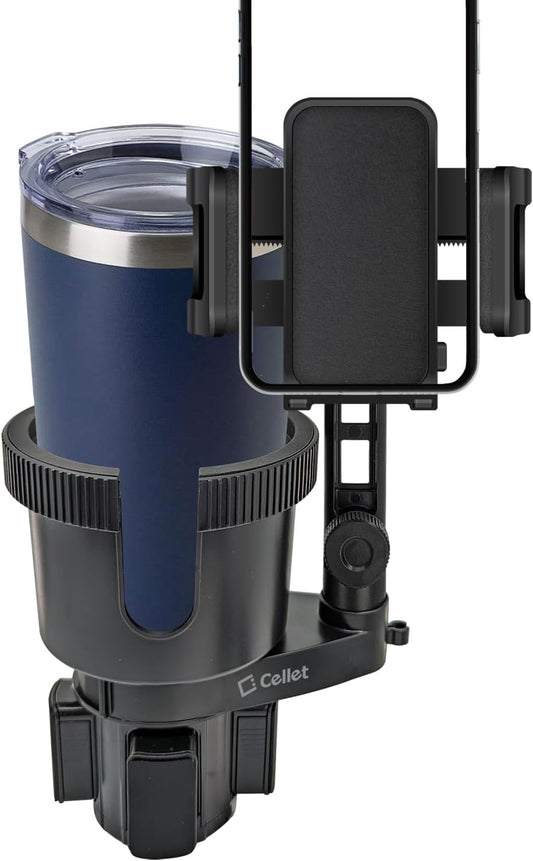Cellet Cup Holder Tray for Car with Phone Mount – Expandable Base, 360° Rotation Food & Drink Tray with Non-Slip Surface, Adjustable Arm for Eating in Vehicle – Fits Most Standard Car Cup Holders