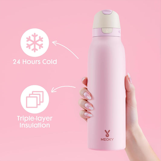 Meoky 24 oz Slim Insulated Water Bottle: Leak Proof Locking Lid, 2-in-1 Straw and Spout, 24 Hours Cold, Top Handle, BPA Free, Stainless Steel Water Bottle for Men Sports Travel Gym, Night
