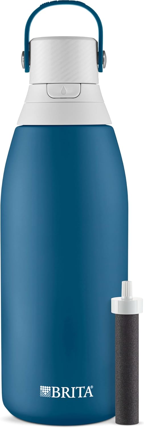 Brita Stainless Steel Premium Filtering Water Bottle, BPA-Free, Reusable, Insulated, Replaces 300 Plastic Water Bottles, Filter Lasts 2 Months or 40 Gallons, Includes 1 Filter, Marina - 32 oz