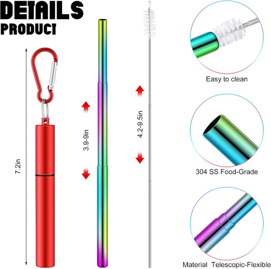 Zubebe 8 Pack Metal Reusable Straw Collapsible Straws Stainless Steel Drinking Straw with Plastic Case Silicone Tip and Cleaning Brush and Keychain Long Telescopic Portable for Travel Work