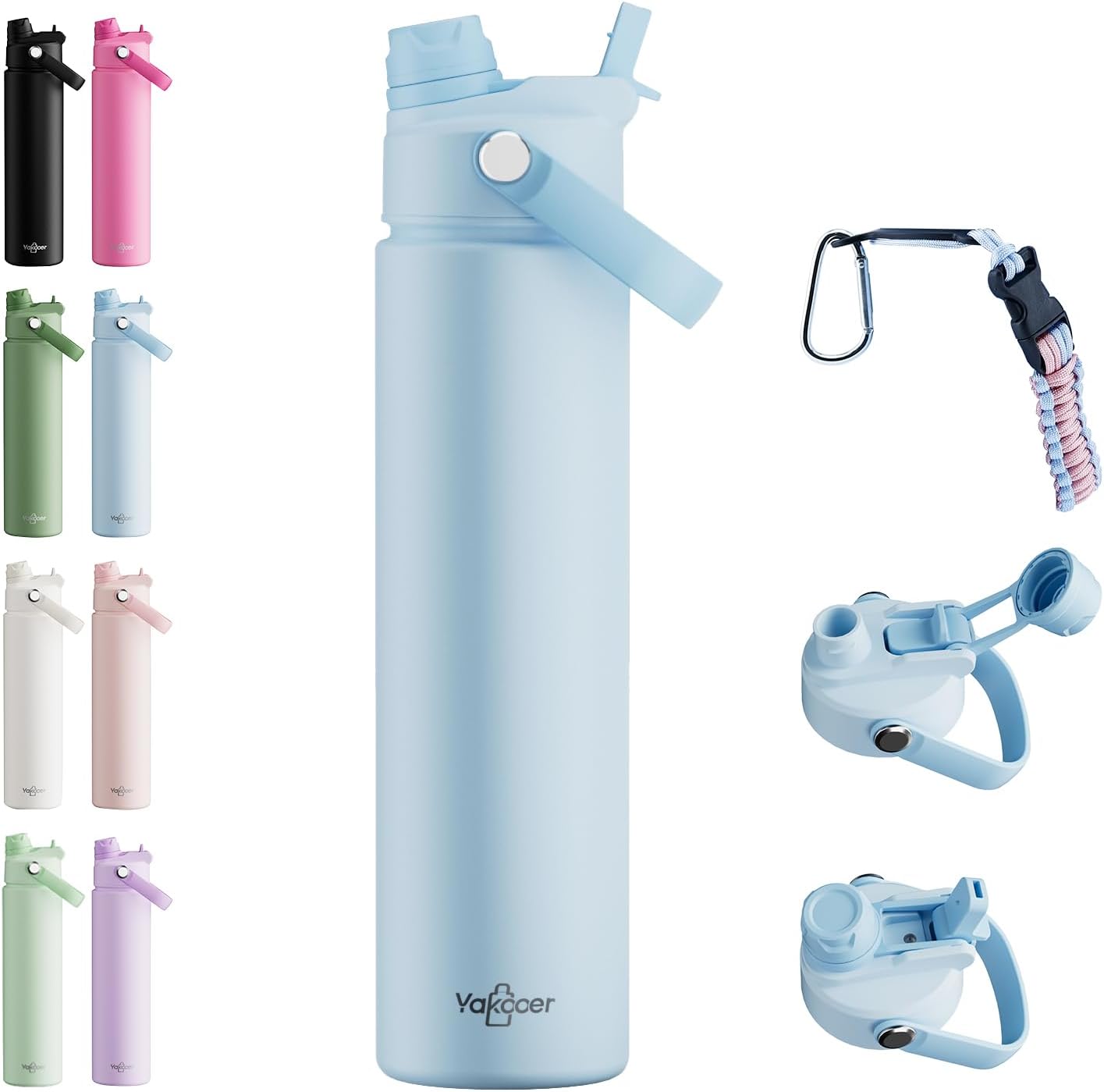 26oz Insulated Water Bottle with 2-in-1 Straw and Spout Lid, 304 Stainless Steel Water Bottle Keep Cold for 24H,Leak-Proof,Sports Water Bottle with Braided Carry Strap for Gym,Travel,Outdoors,Black