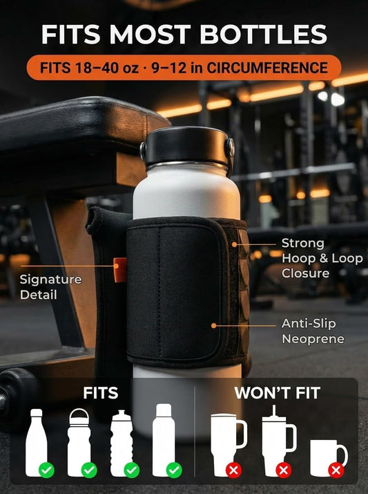 Magnetic Water Bottle Sleeve for Gym - Fits 18-40oz Bottles, 9-12 in Circumference - 4 Magnets Attach to Metal Equipment - Phone Pocket for iPhone 17 Pro Max - Black Neoprene (Bottle Not Included)