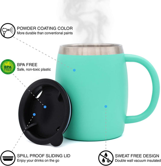 CHILLOUT LIFE Stainless Steel Insulated Coffee Mugs Set of 2 (14oz) – Double Wall Coffee Cups with Spill Resistant Lid & Strong Handle, Shatterproof Cups for Cold Drinks and Hot Beverages