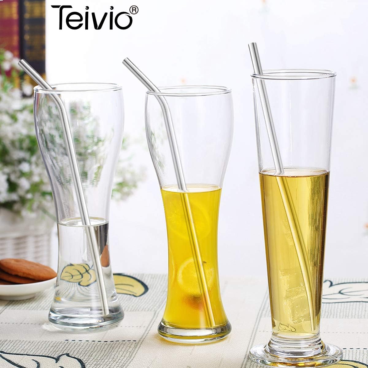 Teivio 8 Piece 5/16 inch (8mm) Wide Stainless Steel Straws for 40 oz Tumbler with Handle, 12 Inch Long Reusable Metal Drinking Straws, Replacement Straws with Silicone Tips & Cleaning Brush, Silver