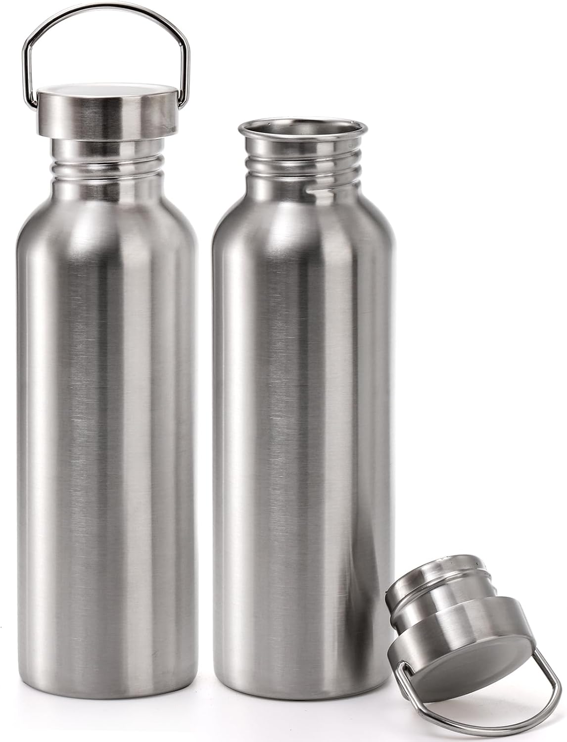Yopay 2 Pack Stainless Steel Sports Water Bottles, 26OZ Single Walled 18/8 Stainless Steel Water Bottle with Handle, Uninsulate Metal Water Bottle for Cyclists, Runners, Hikers, Beach Goers, Picnics