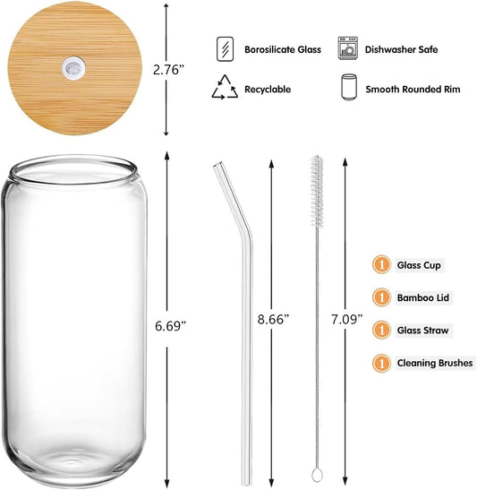 Glass Cups with Lids and Straws Set of 2 - Iced Coffee Cups with Lids for Cold Brew and Beer, 20 oz Can Shaped Glass with Bamboo Lids and Straws - Aesthetic Coffee Bar Gift for Coffee Lovers