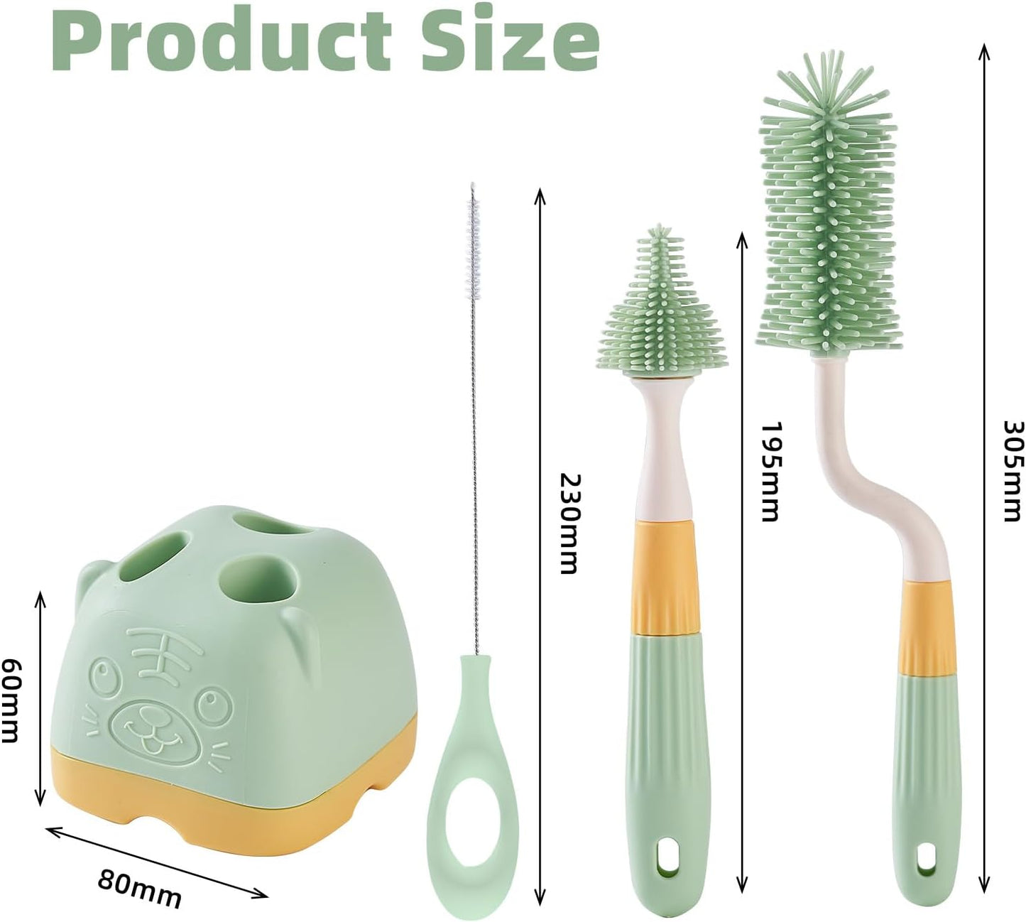 3 in 1 Baby Silicone Bottle Brush Set, Multipurpose Bottle Cleaner, Bottle Brush with Storage Holder, Food Grade Silicone, Effortless Scrubbing, Baby Bottle Cleaning Brush (Green)